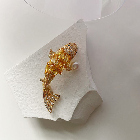 Vintage-Inspired Fish Brooch with Pearl and Koi Design for Fall/Winter/FengShui Jewelry