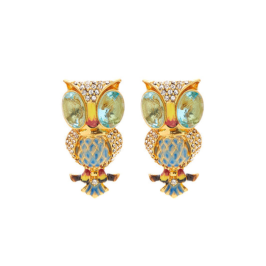 Owl Earrings With Colorful Diamond Inlays