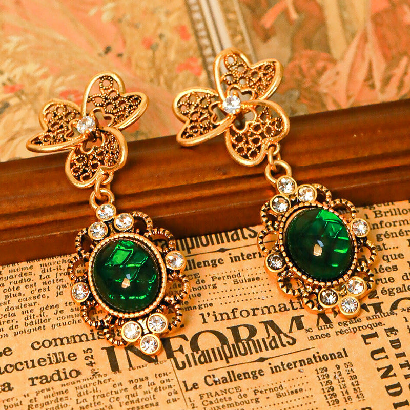 Glass Copper Gold-Plated Diamond-Set Earrings