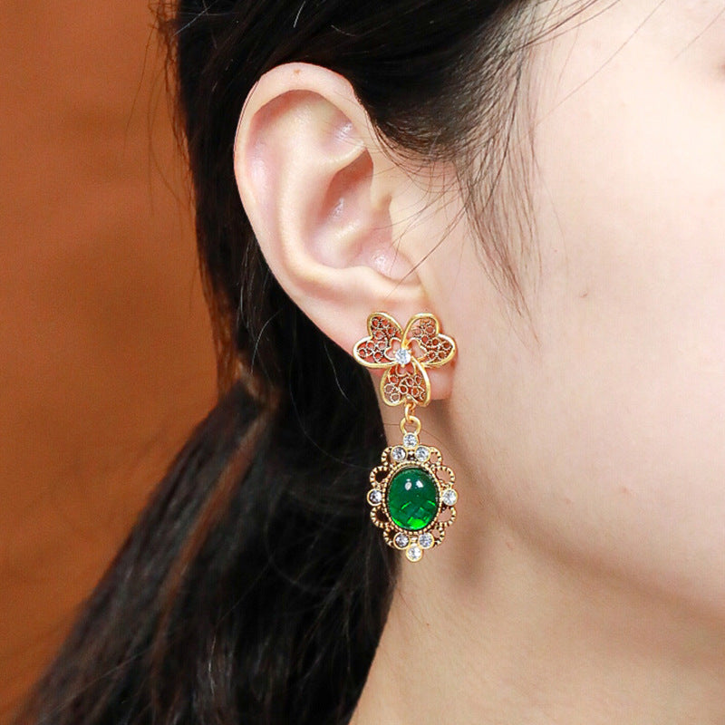 Glass Copper Gold-Plated Diamond-Set Earrings