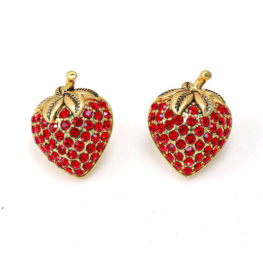 Strawberry Fruit Design with Diamond-Inlaid Copper Gold-Plated Earrings