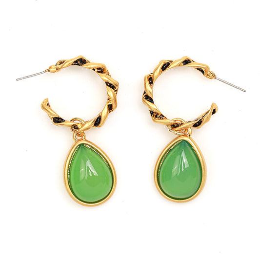 Vintage Glass Green Gemstone Copper Gold-Plated Earrings