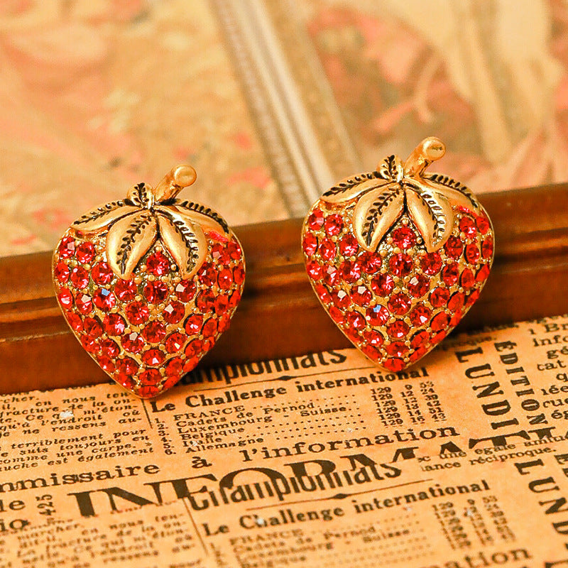 Strawberry Fruit Design with Diamond-Inlaid Copper Gold-Plated Earrings