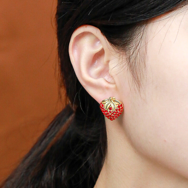 Strawberry Fruit Design with Diamond-Inlaid Copper Gold-Plated Earrings