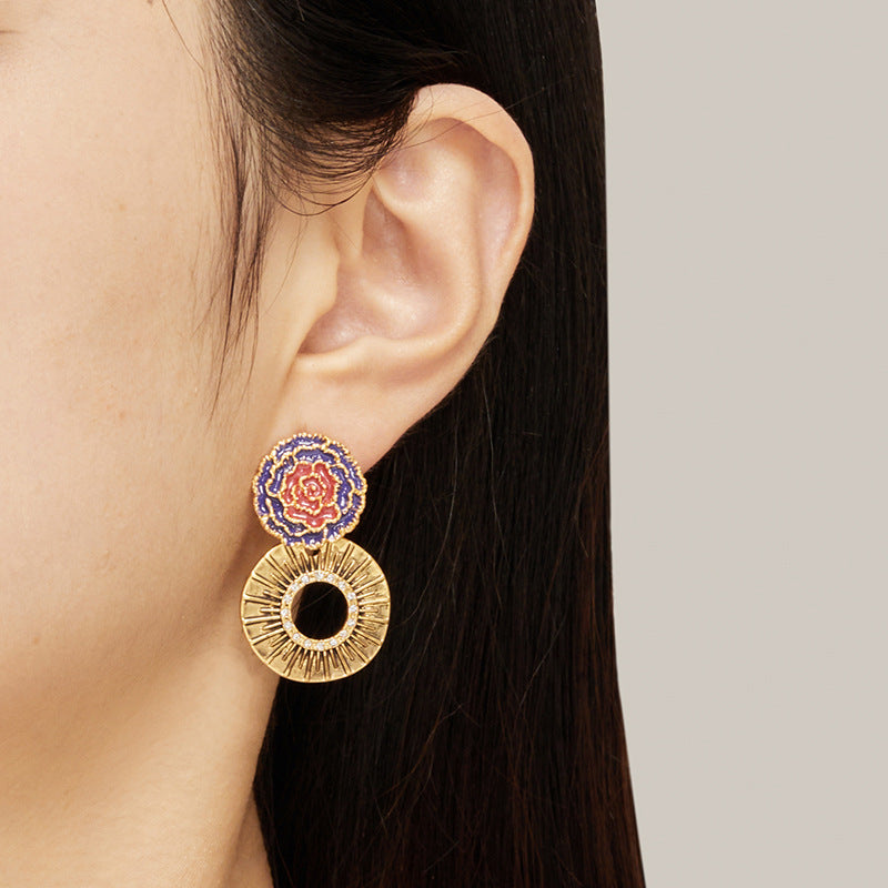 New Chinese-Style Vintage Floral Round S925 Silver Earrings