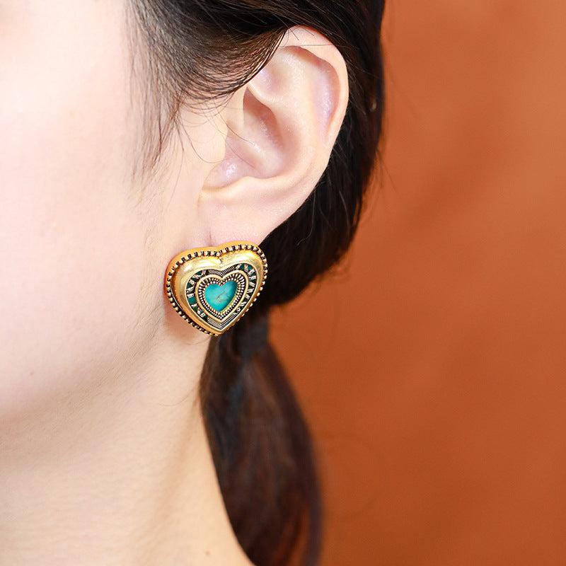 New Vintage Hollow Heart Turquoise Earrings